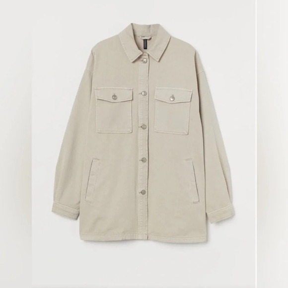 H&M Women's Button Down Denim Long Sleeve Shirt Beige Casual Pocket Size XL NWT - Picture 1 of 10